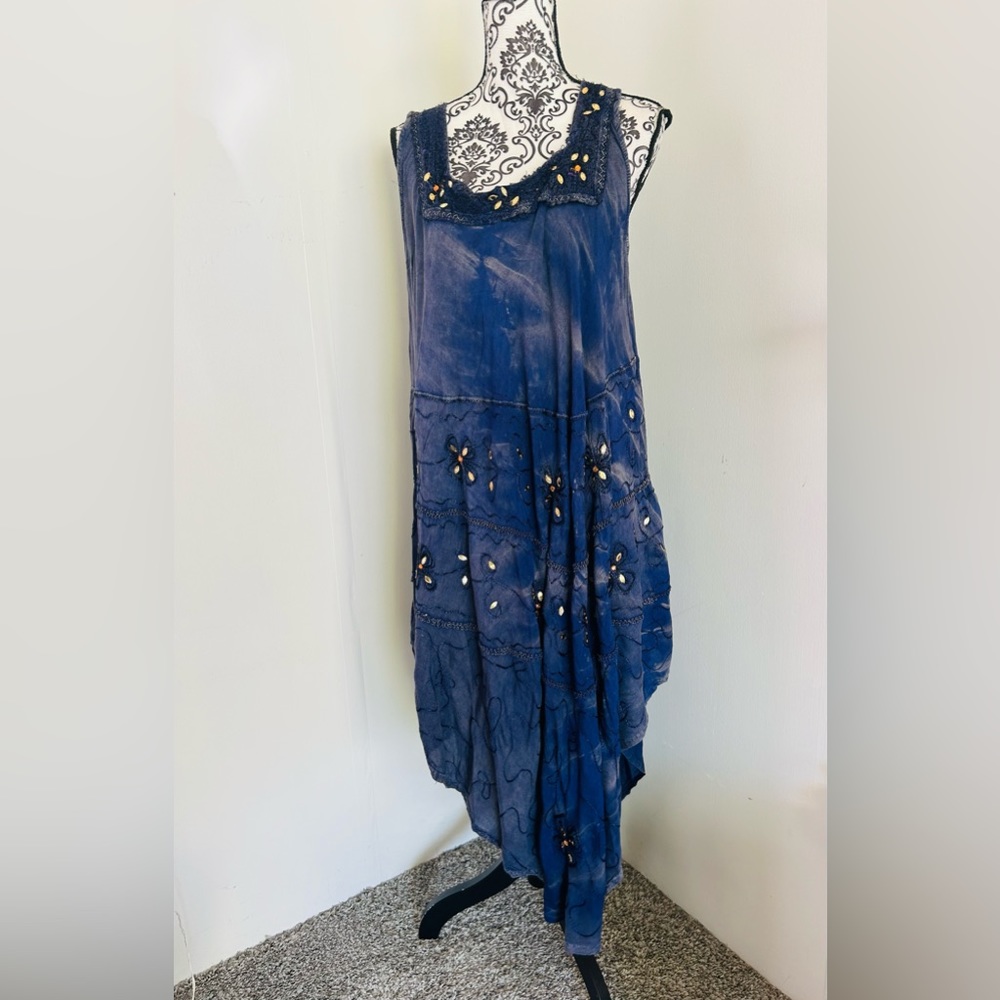 Merona Women’s Blue Boho Tie Dye Rhinestone Embroidered Rayon Tunic Midi Dress